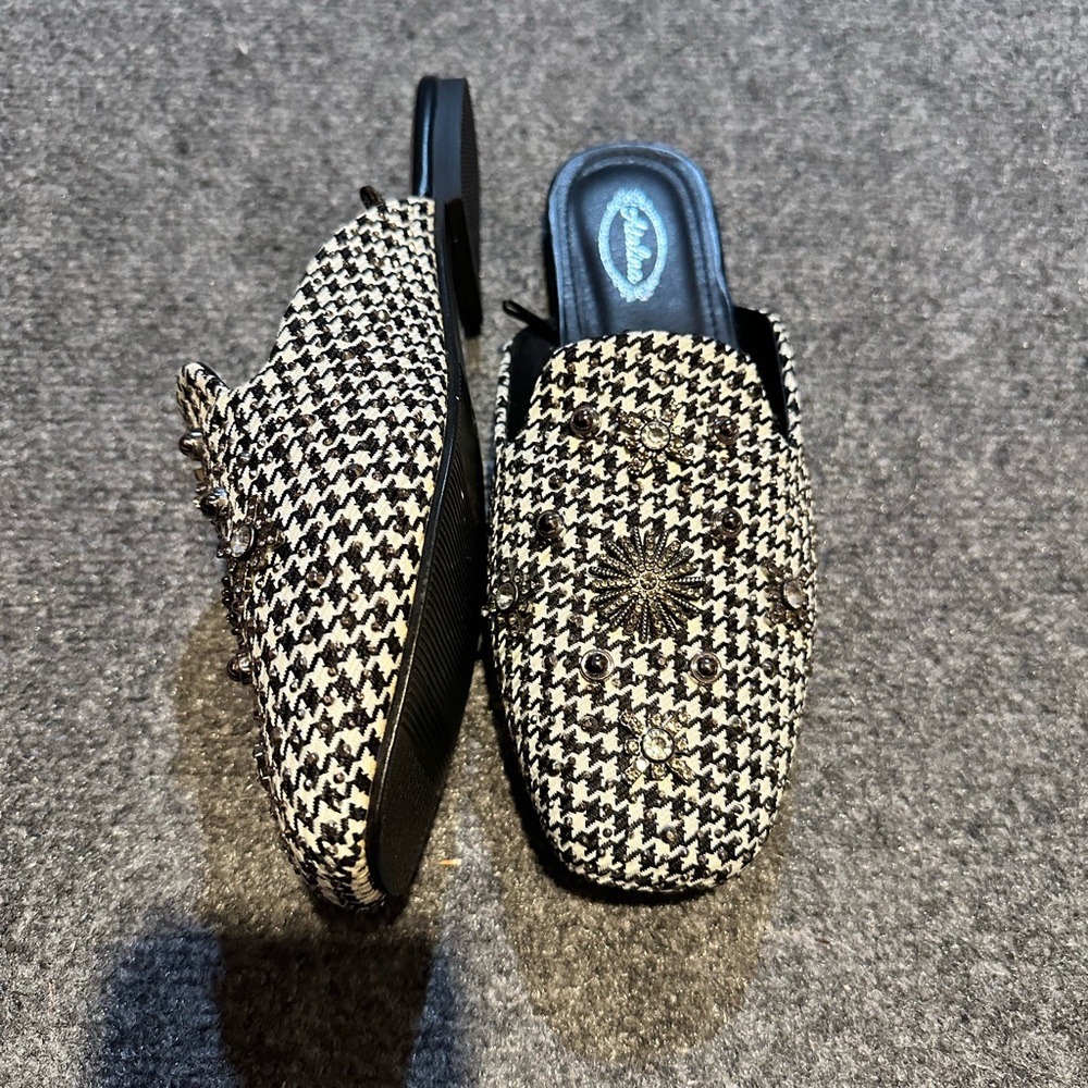 Chic Black and White Embellished Mules